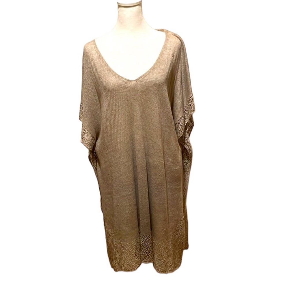 Eileen Fisher Long Linen Sweater With Crochet Detailing. In Taupe. Size L. Guc